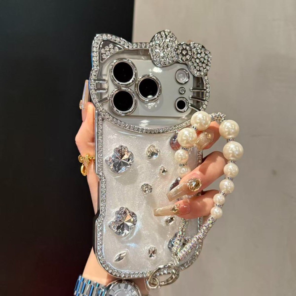 Sparkling Rhinestone HelloKittyเคสโทรศัพท์สําหรับIPhone 17 Pro Max IP 15 16 Pro Max 14 Plus 13 PRM 17Promaxแฟชั่นน่ารักชุบเคสกันกระแทกพร้อมโซ่มือ