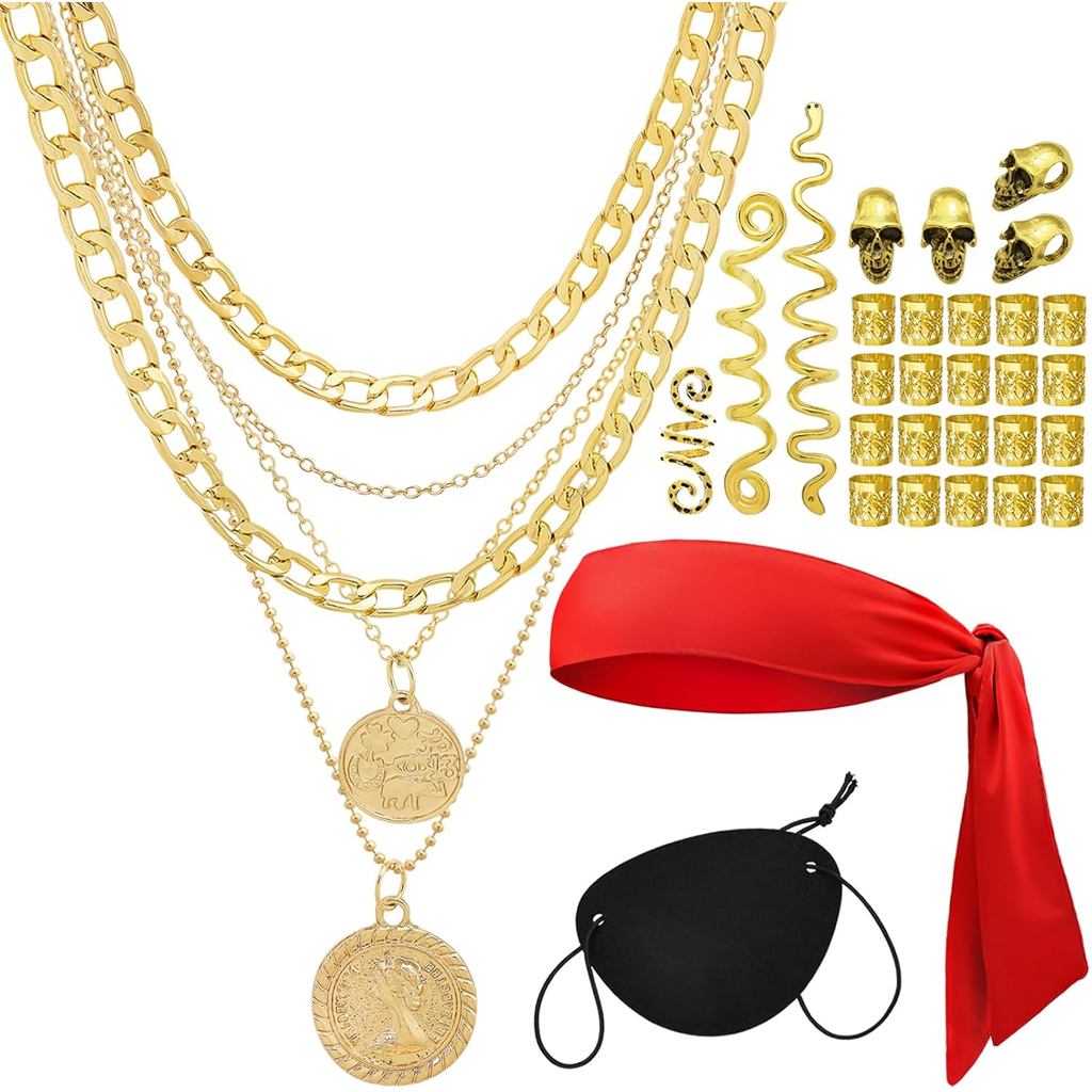 30 Pcs Captain Pirate Costume Accessories Set Pirate Hat Bandana Eye Patch Necklace Pirates Jewelry 