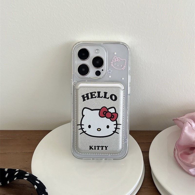 การ์ตูน KT Cat คลิปหนัง/เหมาะสําหรับ iPhone 12 15 13 16 14 17 Pro Max/โทรศัพท์ฝาหลังกระเป๋าสตางค์คลิปกระเป๋า/เคสโทรศัพท์อุปกรณ์เสริม