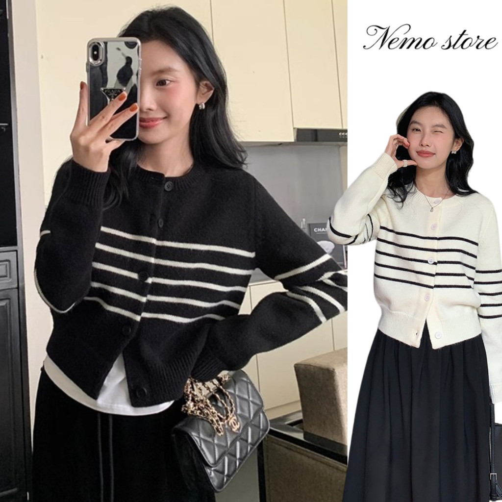 Nemo store🌸#N109 เสื้อไหมพรมแขนยาว กันหนาว ดีเทลลายทาง น่ารักๆ เรียบๆใส่คลุมได้