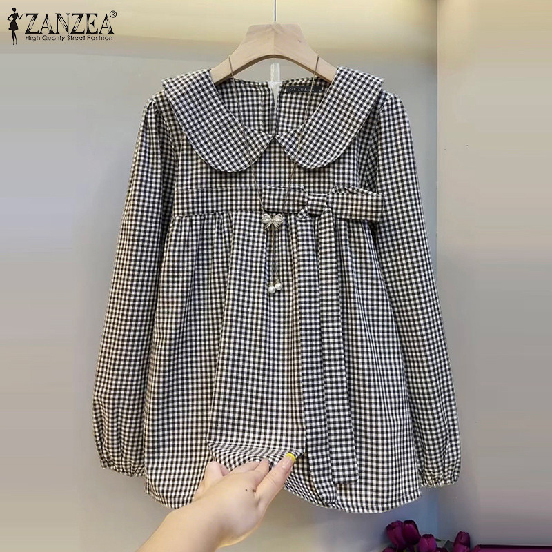 ZANZEA เสื้อลายสก๊อตแขนโบว์ pleated สไตล์เกาหลี retro — صورة 4