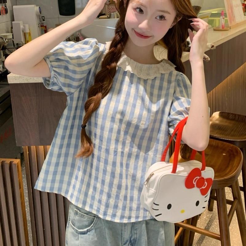Red Berryเสื้อเบลาส์แขนพองลายสก็อตฤดูใบไม้ร่วงสำหรับผู้หญิ รูปที่ 2