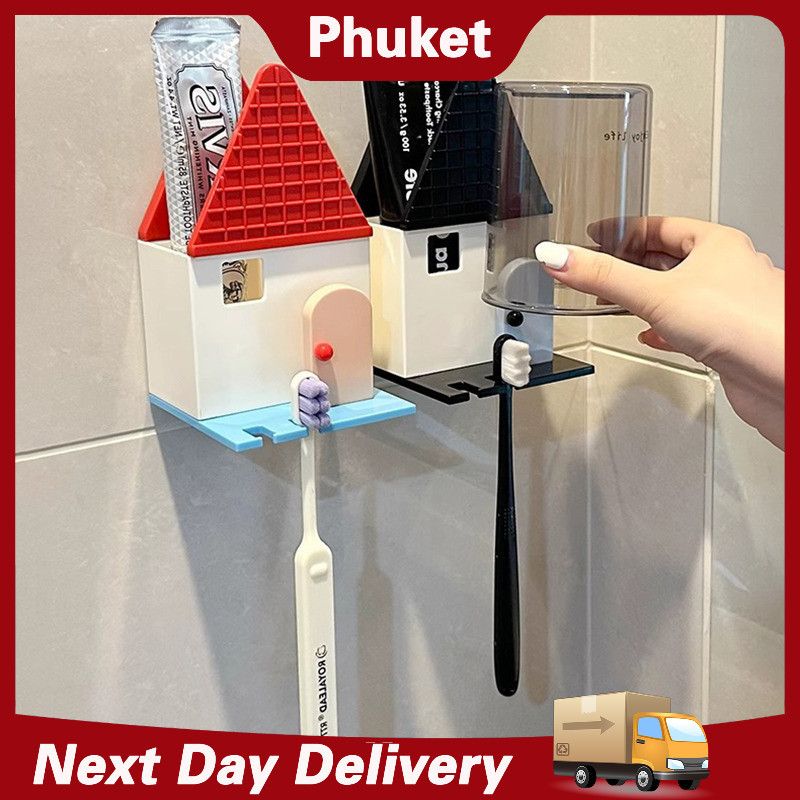 ที่แขวนแปรงสีฟันรูปบ้านน่ารัก ที่วางของในห้องน้ำ ที่แขวนแก้วล้างหน้าไม่ต้องเจาะรู