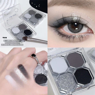พาเลตต์อายแชโดว์ 4 สี สไตล์เวสเทิร์นพังก์: สำหรับแต่งตาแบบแคทอาย - สีดำซีเมนต์ สีเทา และชิมเมอร์