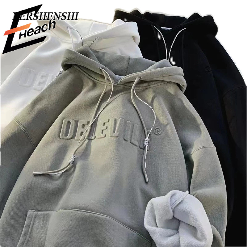 เสื้อกันหนาวมีฮู้ด พิมพ์ลายสไตล์เรโทร ทรงหลวม