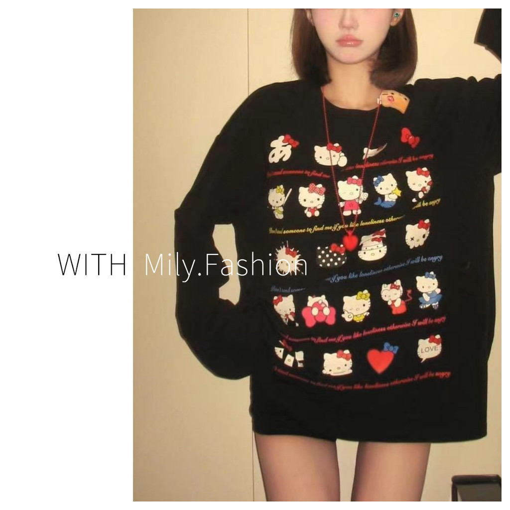 Milyfashion ผ้าฝ้าย Retro kitty การ์ตูนพิมพ์แขนยาว T รอบคอหลวมขนาดใหญ่ All-Match Top y2k สไตล์ใหม่ 5