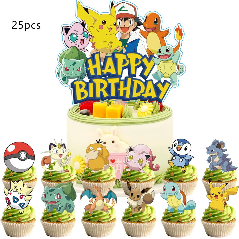 25 ชิ้น pokemon เค้ก TopperCupcake Toppers, ตกแต่งวันเกิดโปเกมอน, อุปกรณ์ปาร์ตี้ธีมโปเกมอน, ตกแต่งเค้กโปเกมอน EYYL