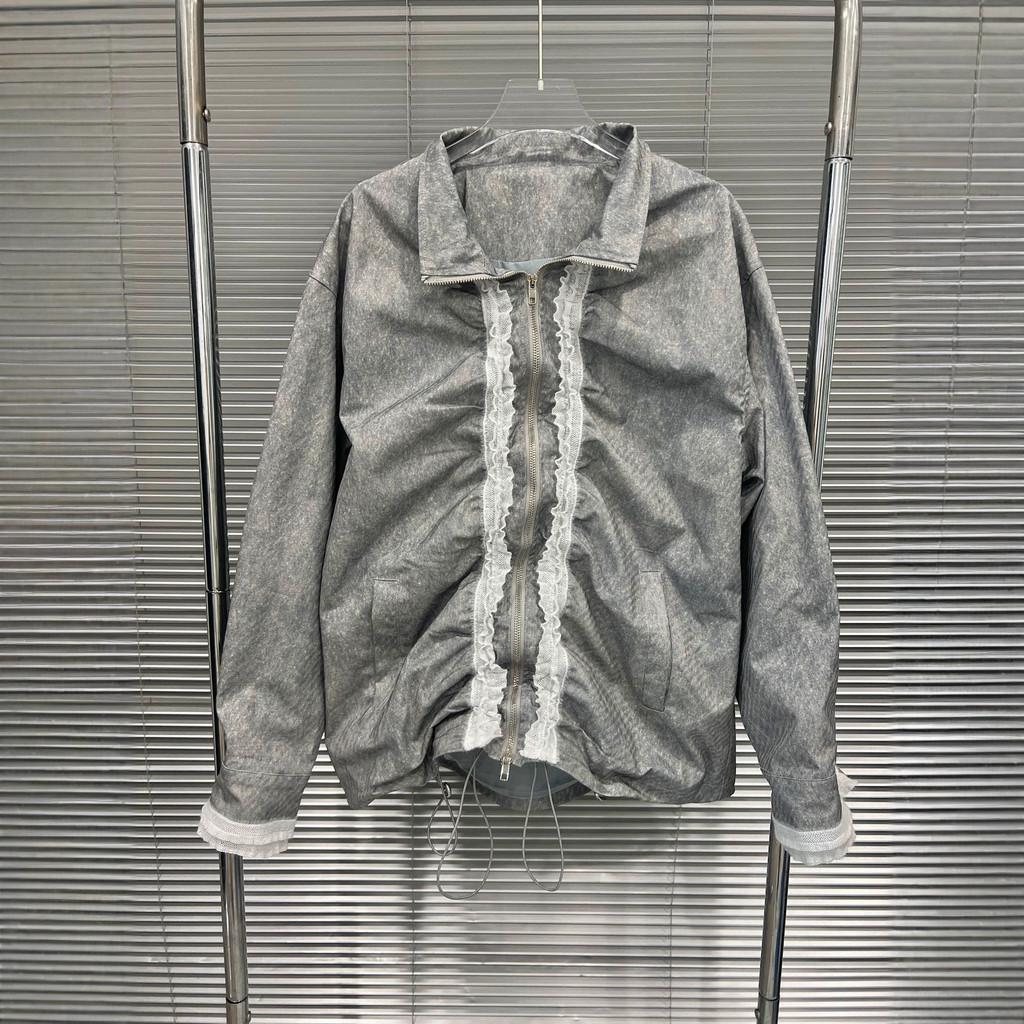 K7OI 2025New Autumn Sweet and Spicy Casual Pleated Lace Trim Zipper Design Loose Short Jacket Top