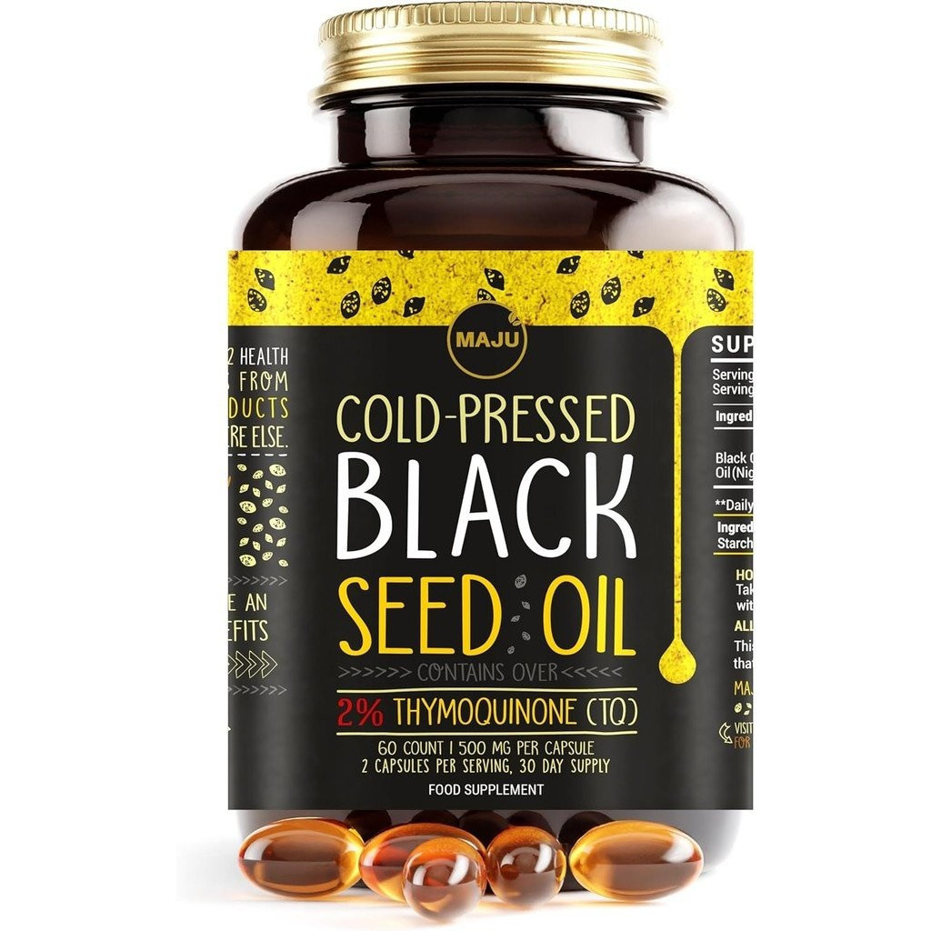 Maju Superfoods Black Seed Oil Capsules - Cold Pressed, 2% Thymoquinone, 100% ตุรกี Black Cumin Nige
