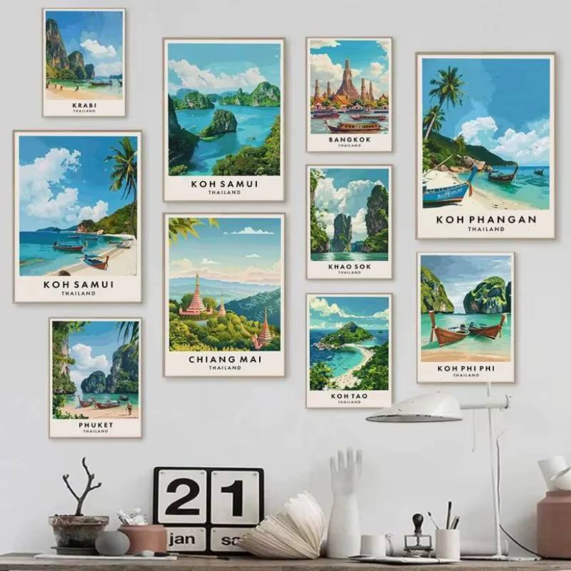 ศิลปะการเดินทางไทยภูเก็ตเชียงใหม่เกาะพังพอนกรุงเทพเมืองโปสเตอร์เอเชียภูมิทัศน์ผ้าใบศิลปะตกแต่งผนังบ้าน