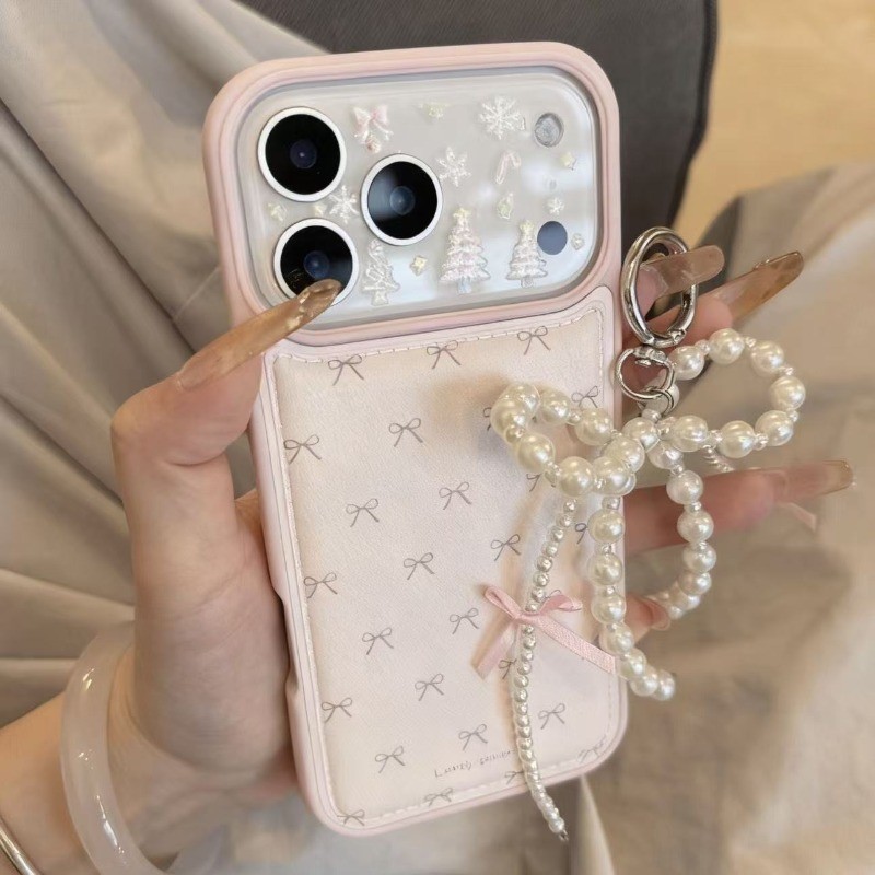 น่ารักสีชมพูโบว์ + เคสโทรศัพท์เชือกเส้นเล็กสําหรับ iPhone 17 16 15 14 13 12 11 Pro Max X Xr Xs Max 7 8 Plus SE2020
