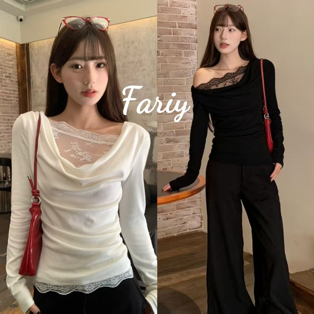 Fariy🍒คลังสินค้าพร้อม🍒 เสื้อยืดแขนยาวเปิดไหล่สีขาวแต่งขอบลูกไม้บริสุทธิ์อันเย้ายวนใจ ดีไซน์ฤดูใบไม้ผลิและฤดูใบไม้ร่วงใหม่ เสื้อเปิดไหล่ข้างเดียว