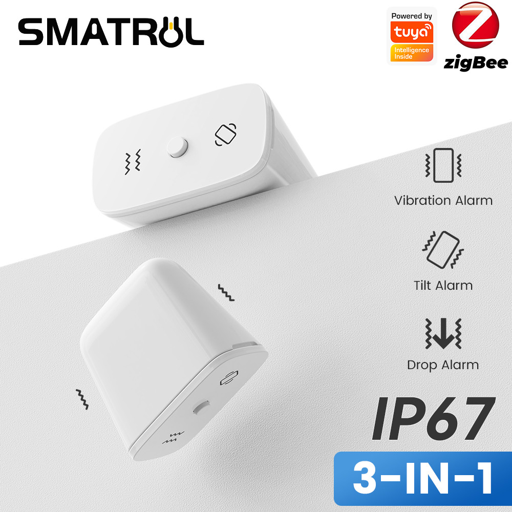 SMATRUL Zigbee Tuya สมาร์ทสัญญาณเตือนการสั่นสะเทือนภายในบ้าน, เซ็นเซอร์เอียง, เซ็นเซอร์ทุบกระจก, เครื่องตรวจจับการตกกระแทก, สัญญาณเตือนหน้าต่าง, IP67 กันน้ํากันฝุ่น