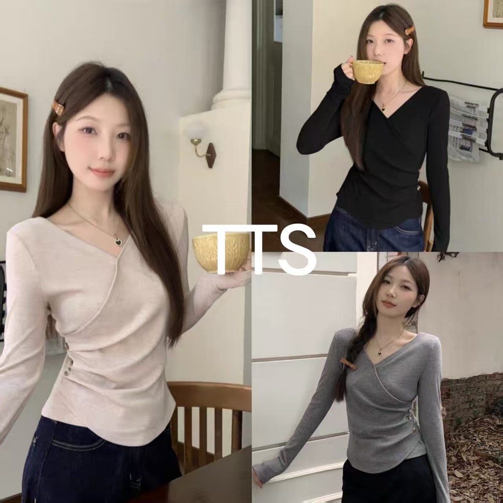 TTS เสื้อยืดแขนยาวคอวีไขว้ไหล่สีดำสำหรับผู้หญิง เสื้อชั้นในฤดูใบไม้ร่วง เสื้อตัวบนรัดเอวไม่สม่ำเสมอ