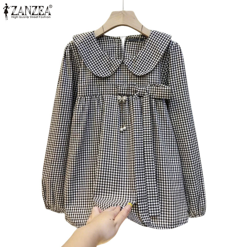 ZANZEA เสื้อลายสก๊อตแขนโบว์ pleated สไตล์เกาหลี retro