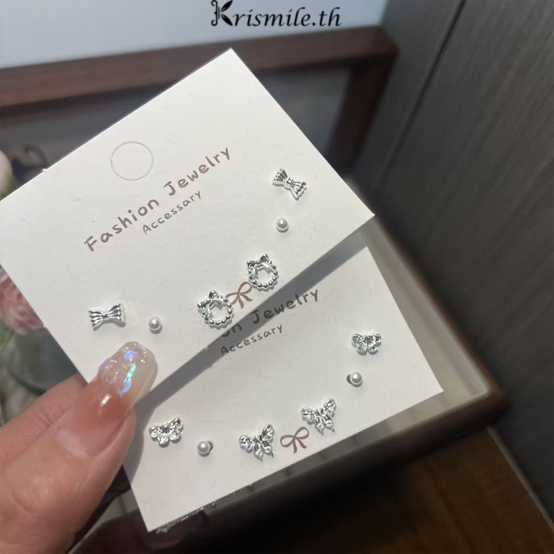 COD-ในไทย💖ชุดต่างหูสตั๊ดโบว์ 6 คู่ ไข่มุก เกาหลีระดับไฮเอนด์ ละเอียดอ่อน ผู้หญิง เครื่องประดับแฟชั่น ไม่ทําให้แพ้ง่าย-Kr
