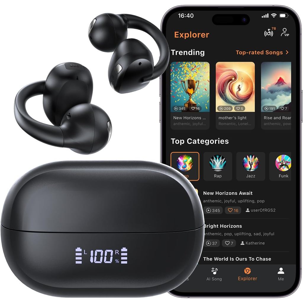 Open Ear Earbuds, Bluetooth 5.4 Bone Conduction Clip On Headphones AI Music Generator Wireless Earbu