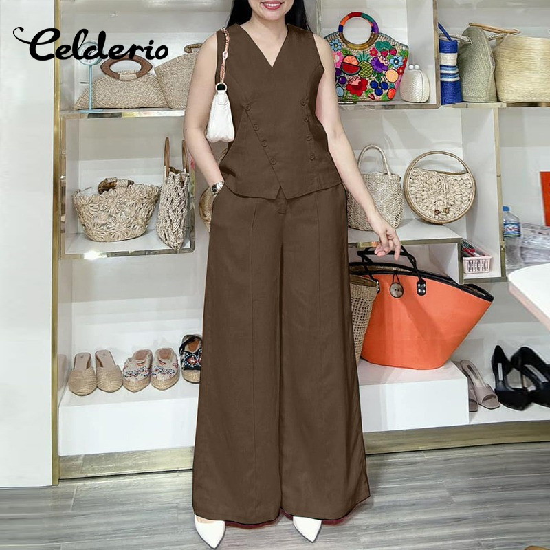 Celderio สไตล์สำนักงานและลำลอง เสื้อโค้ทแบบเปิดหน้าอกและกางเกงขาบาน