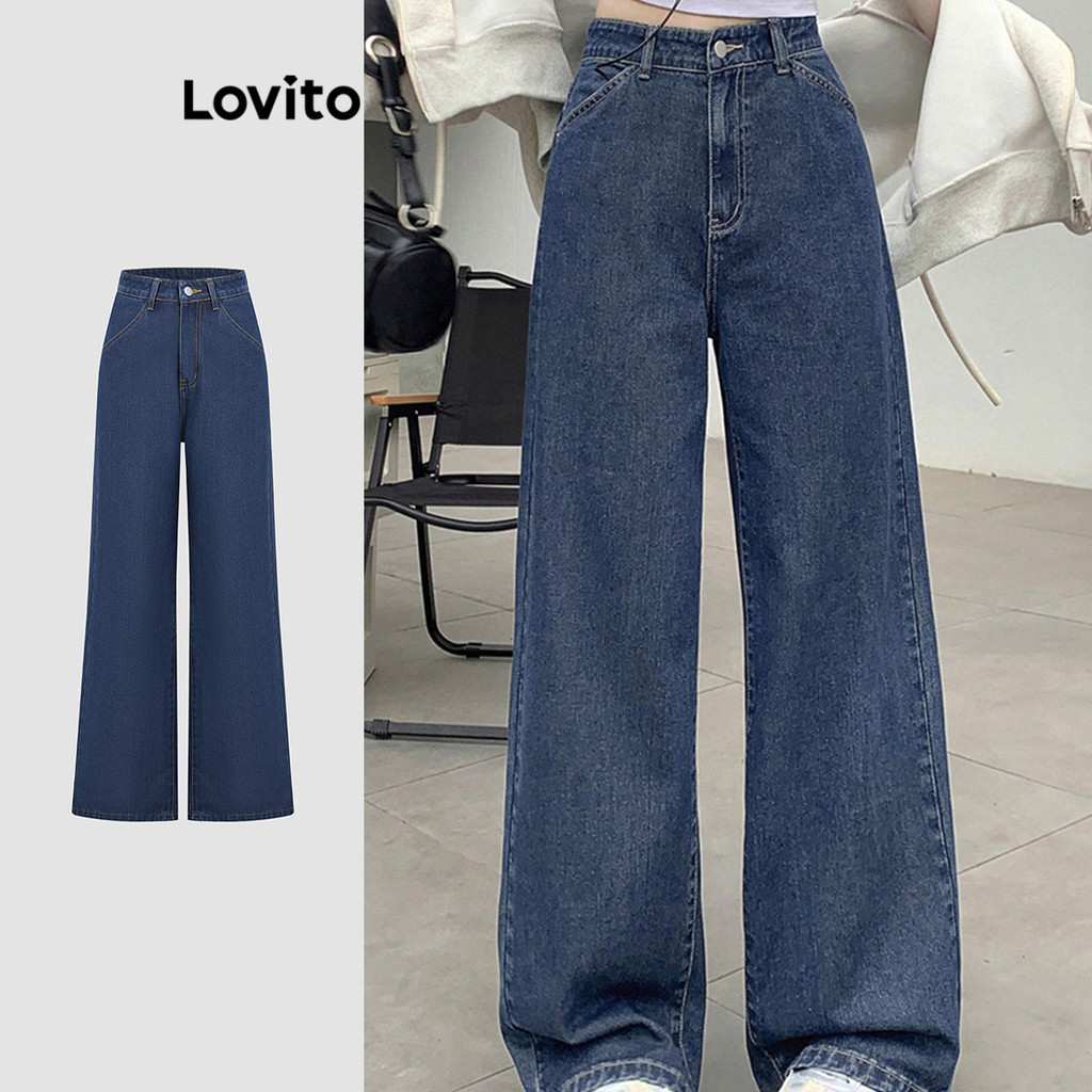 Lovito กางเกงยีนส์ลําลองกางเกงยีนส์ล้างธรรมดาสําหรับผู้หญิง L114AD616