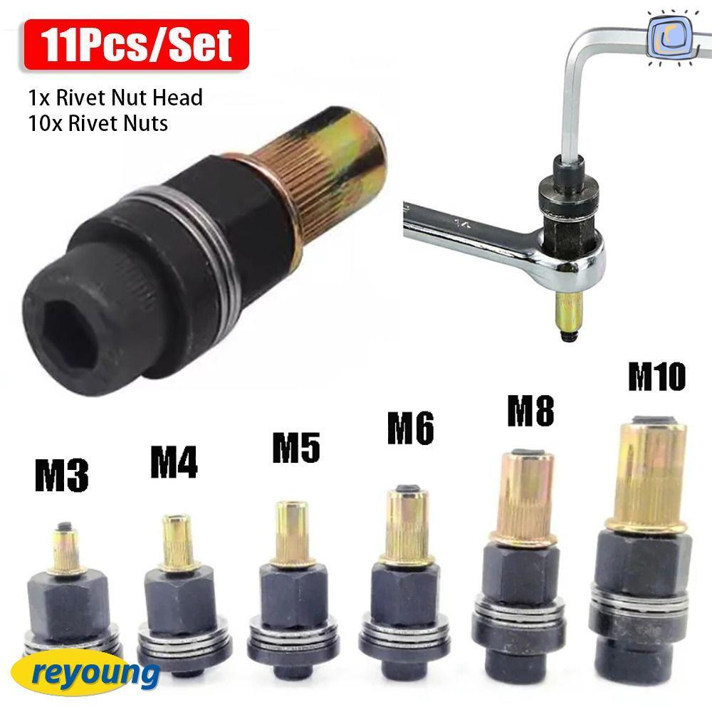REYOUNG 11 ชิ้น/เซ็ต Hand Rivet Nut, สําหรับ Rivet NUT ไฟฉายติดตั้งง่ายคู่มือ Riveter เครื่องมือ, Mandrel Staple M3 M4 M5 M6 M8 M10 ไฟฟ้า Riveting อะแดปเตอร์หัว Riveting ชุดเครื่องมือ Riveting