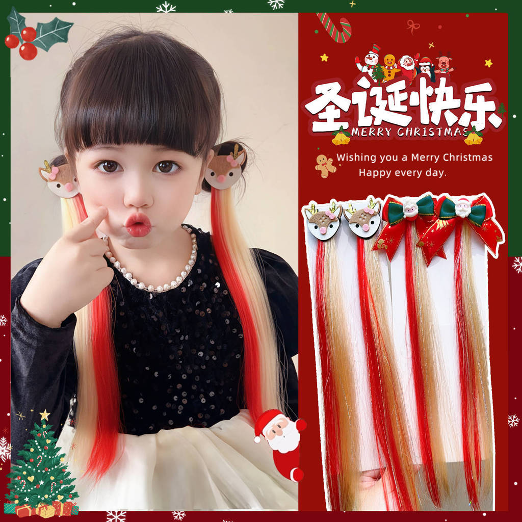 อุปกรณ์แต่งตัวซานต้าสำหรับเด็ก รวมถึงทรงผมถักเปีย อัญมณีผมแบบแหวน และพาเรลผมหางม้า เพื่อสร้างบรรยากา