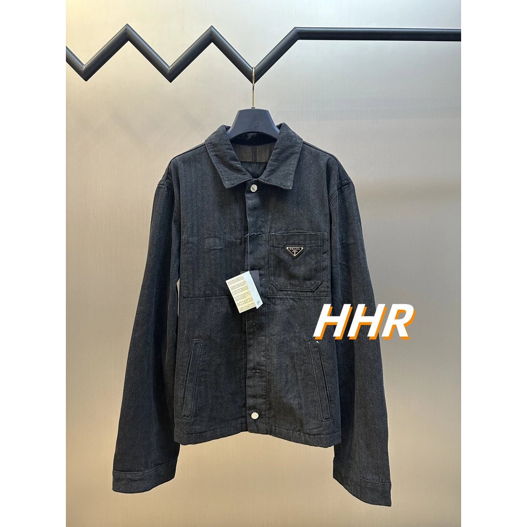 [รุ่นที่ถูกต้อง] Pr @ da/Prada Triangle Logo Denim Lapel Jacket Jacket Tannin Sports Casual os Loose