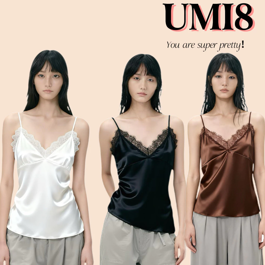 UMI8💝【ในสต็อก】💝เสื้อกล้ามคอวีเซ็กซี่สำหรับผู้หญิงฤดูใบไม้ร่วง/ฤดูหนาว แต่งขอบลูกไม้และเนื้อผ้าซาติน