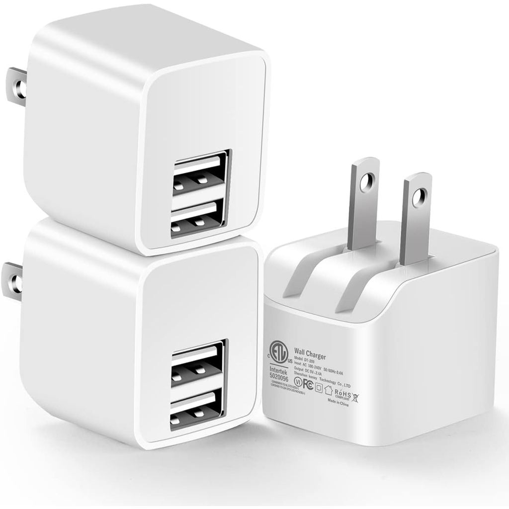 12W USB Wall Charger ปลั๊กพับได้, 3-Pack 2.4A Dual-Port Power Adapter Mini ชาร์จบล็อก Cube ใช้งานร่ว