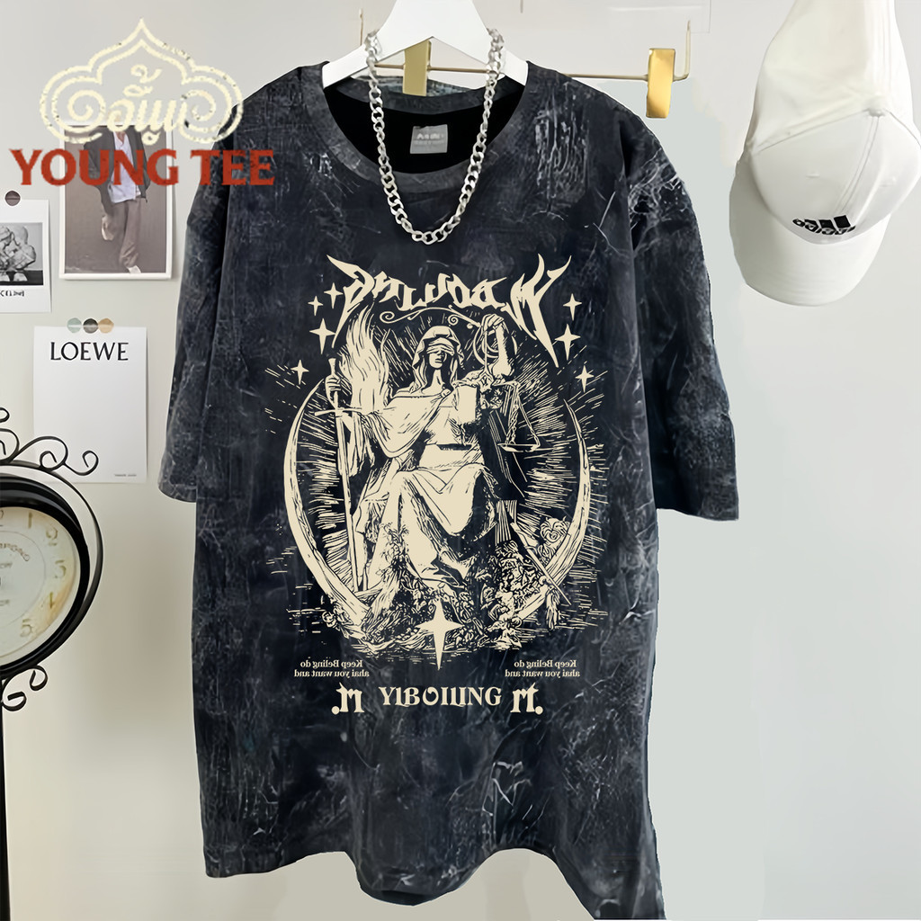 （จัดส่งตลอด 24 ชั่วโมง）เสื้อยืดฟอก oversize ผ้าฝ้าย 100% โอเวอร์ไซซ์ สีดําเข้ม สไตล์ฮิปฮอป เรโทร เสื้อยืดชายและหญิง T016