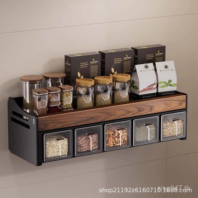 มัลติฟังก์ชั่ติดผนังวอลนัทชั้นวางเครื่องปรุงรส Jar ชั้นวาง Perforated ห้องครัวติดผนังเก็บเครื่องปรุง