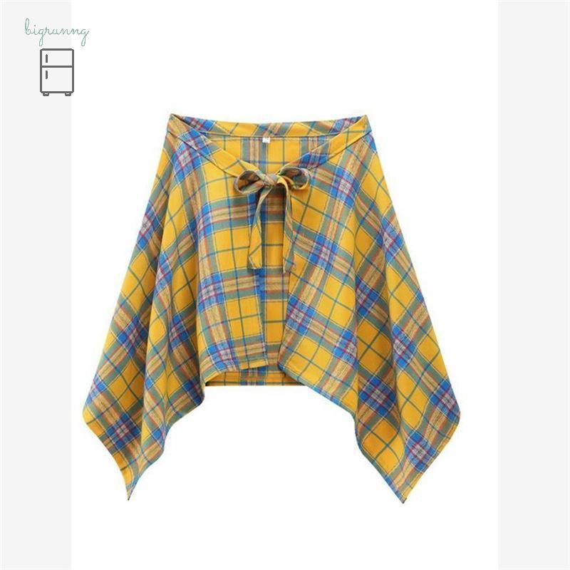 [BRN] ฮิปฮอปไม่สม่ําเสมอผู้ชายและผู้หญิงเสื้อปลอม Hem กระโปรงลายสก๊อต Y2k Streetwear Harajuku Vintag