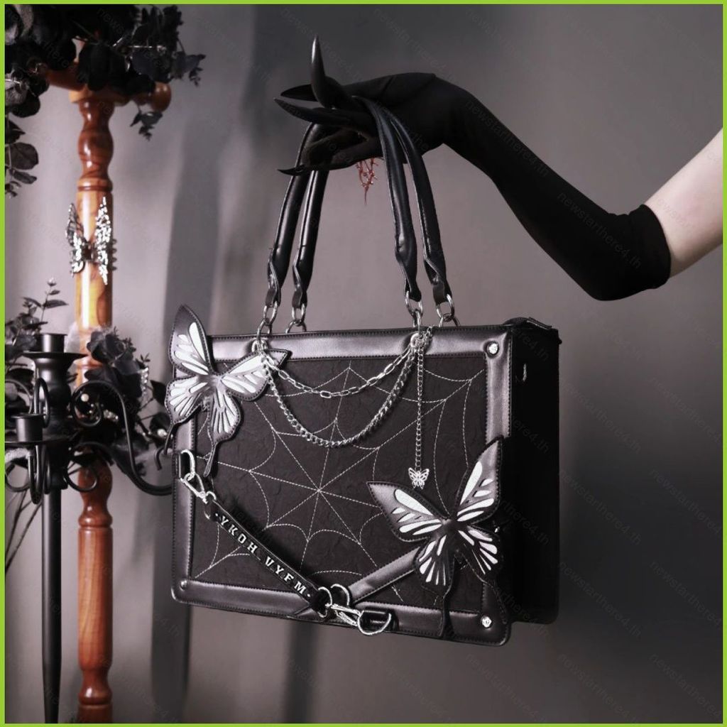 NS4 Spider Web Butterfly Decorative Dark Style Tote Bag สําหรับผู้หญิงหนังกระเป๋าสะพายโซ่โลหะ SN4