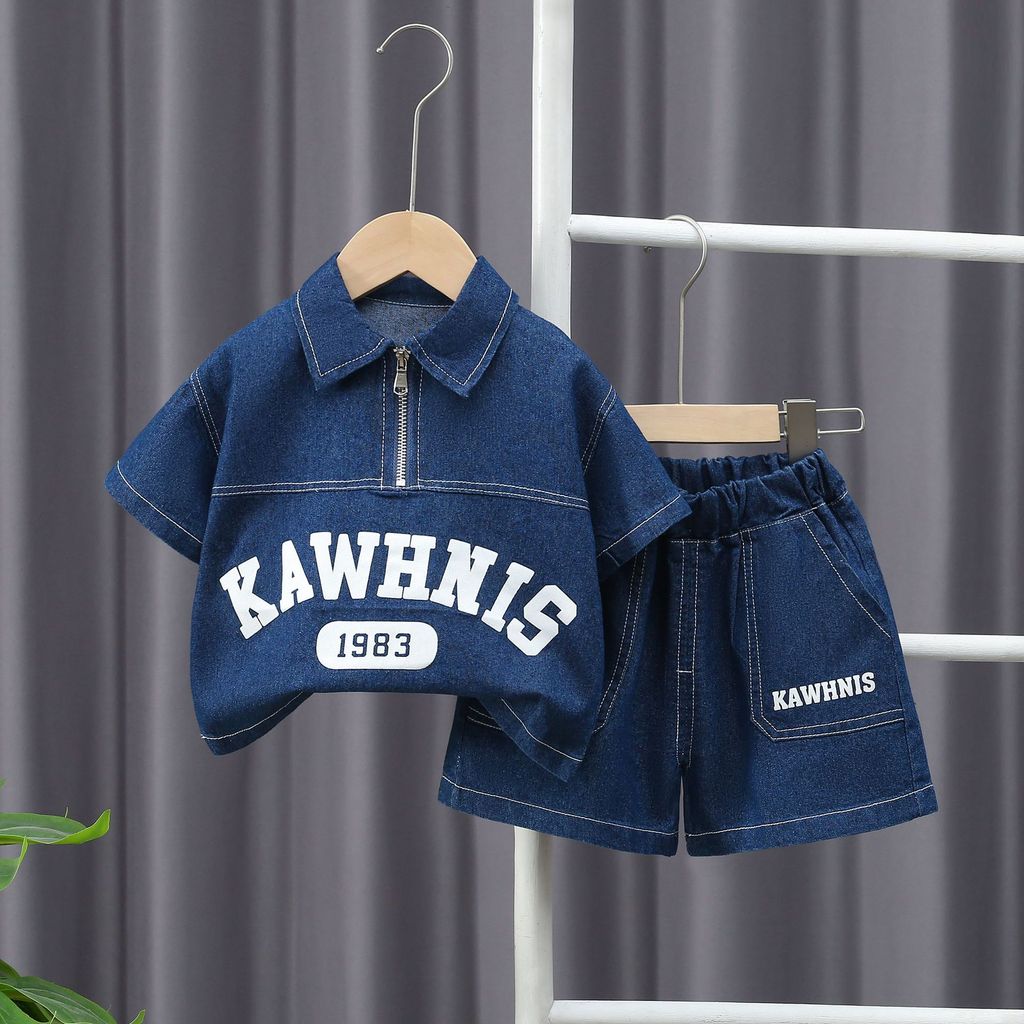 ชุดเด็กเล็กครึ่งซิปผ้ายีนส์ เสื้อยืดลายตัวอักษร + กางเกงขาสั้น 2 ชิ้น ชุดลําลองเด็กวัยหัดเดิน