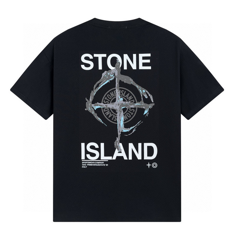STONE ISLAND STONE ISLAND ผ้าฝ้ายแท้พิมพ์คอกลมแขนสั้นผู้ชายผู้หญิงคู่เสื้อยืดอเมริกัน