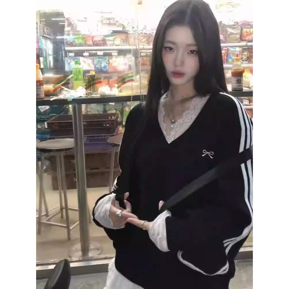 Huamian Composite Thin Style/Fleece V คอลูกไม้สีดําเสื้อกันหนาวผู้หญิงหลวมเย็บปักถักร้อย (043H2) QMY