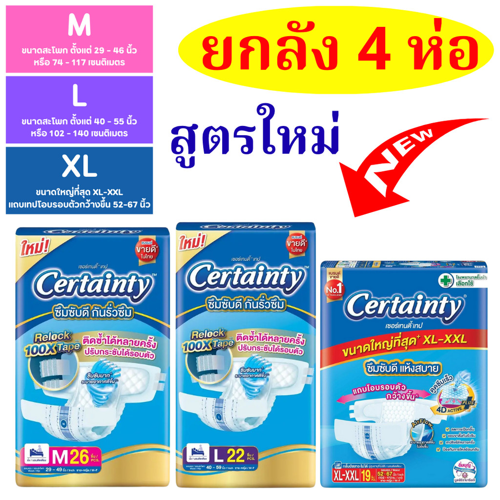 ผ้าอ้อมผู้ใหญ่เซอร์เทนตี้เทป แพมเพิสผู้ใหญ่ M /L /XL-XXL แบบห่อ (ชิ้น)