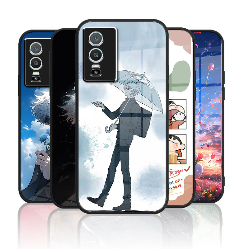 ปลอกแก้วสําหรับ Vivo Y76 5G Y76s 5G เคสกันกระแทกกระจกนิรภัย Back & Soft กรอบซิลิโคน Anti-Scratch กล้