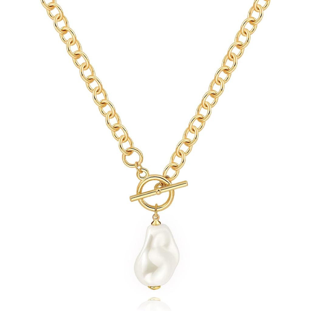 Zeffy 14K Gold/Silver Plated Chunky Thick Chain Toggle Clasp Necklace Dainty Baroque Pearl/Heart/Cro