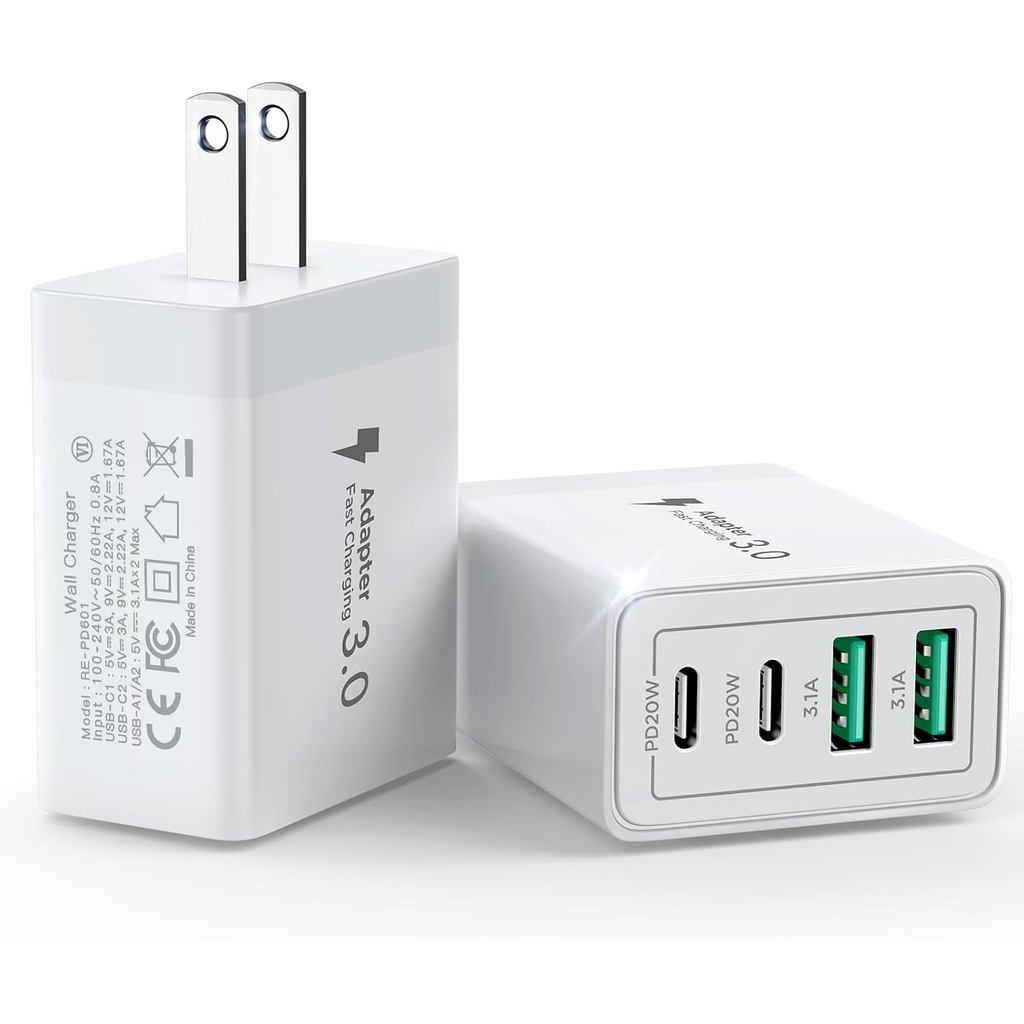 [2-Pack] USB C Wall Charger Block, 40W 4-Port USB C Super Fast Charger Dual Port PD Power Adapter+QC