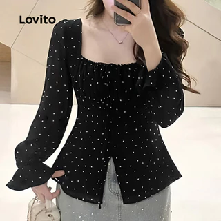 Lovito เสื้อเบลาส์แคชชวลผูกเชือกสีดำ ฤดูใบไม้ร่วง/ฤดูหนาว งานศพ สำหรับผู้หญิง เกาหลี อินเทรนด์ L159AD021