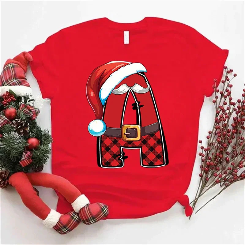 Christmas Alphabet Print Letters Red T Shirt Christmas Xmas GiftsFashion New Year T-shirt