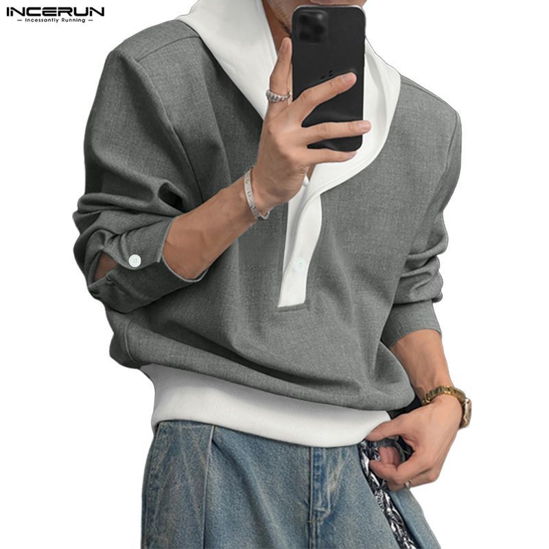 เสื้อกันหนาวแขนยาวแบบฮอดดี้ สไตล์เกาหลีสำหรับผู้ชาย มีปุ่มครึ่งตัวและลายพิมพ์ที่เป็นคอนทราสท์