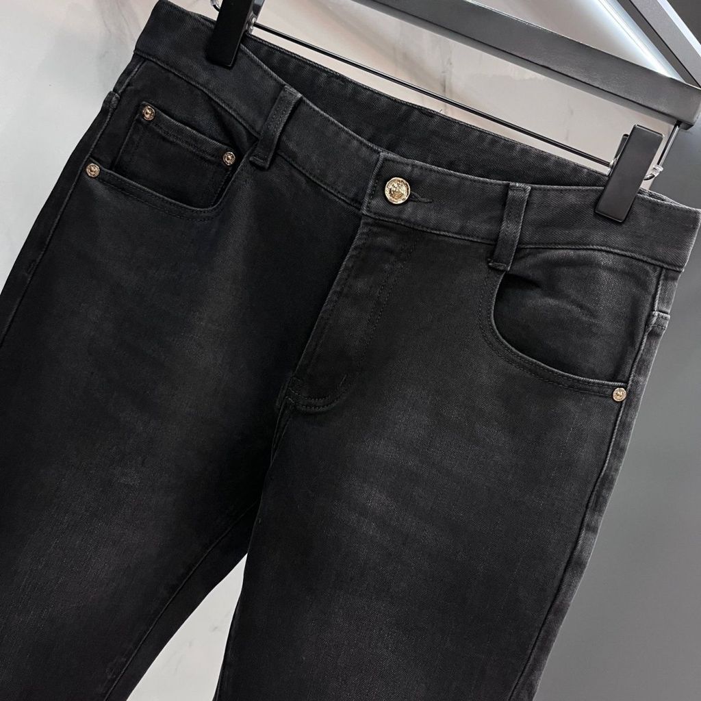 RU0W Versac* Autumn and Winter Men's Business Slim Jeans Fashion Pocket Embroidery logo Skinny Pants