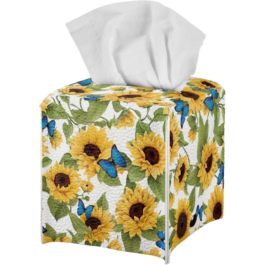 Square Tissue Box Cover Leather Kleenex Cover Holder Cube 5X5X5 Sunflower Accessories for Bathroom B