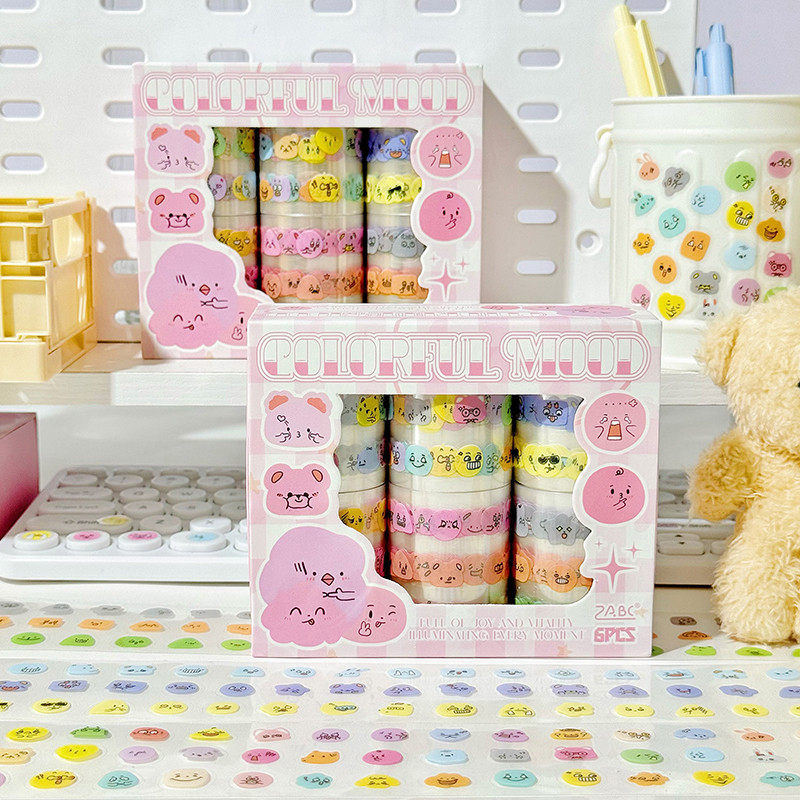 6 ม้วนชนิดบรรจุกล่องน่ารักการ์ตูนสีสัน Mood Series PET สติกเกอร์เทปตกแต่ง DIY วัสดุ Masking Tapes