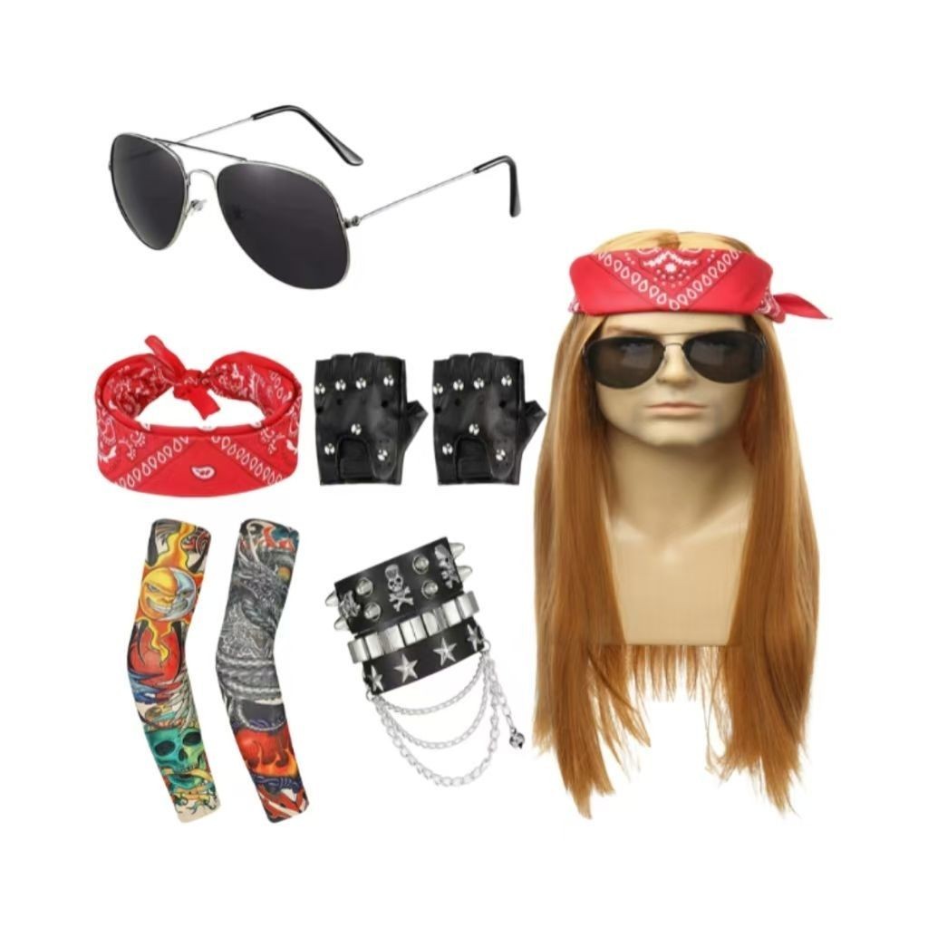 ชุดวิกผมฮาโลวีน แว่นกันแดด ผ้าพันคอ สร้อยคอ ชุดวิกผม pu ฮาโลวีน สร้อยคอผ้าขนหนูเลนส์เข้ม Punk Style 