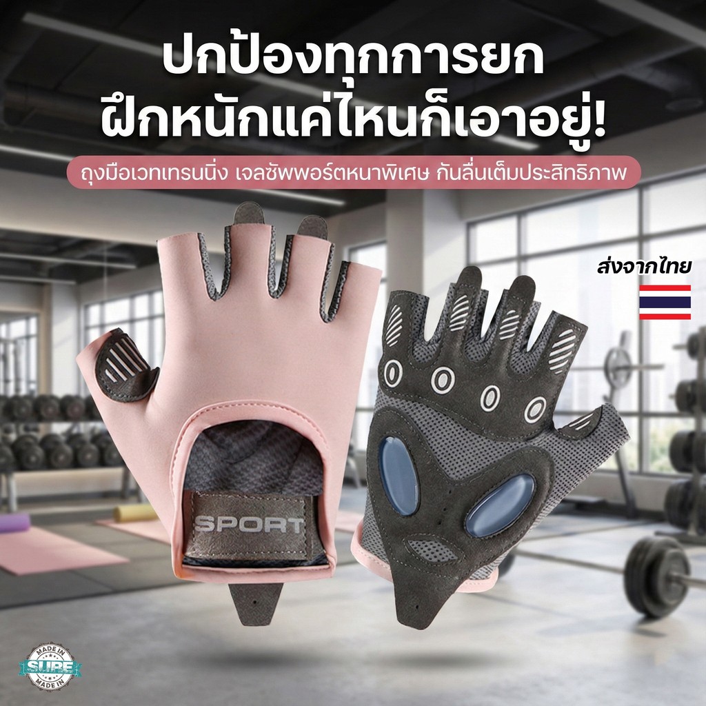 ถุงมือฟิตเนสกันลื่น ซัพพอร์ตข้อมือ มีเจลกันกระแทก ใส่ยกเวท ออกกำลังกาย โยคะ ดึงข้อ ได้ทั้งชายหญิง