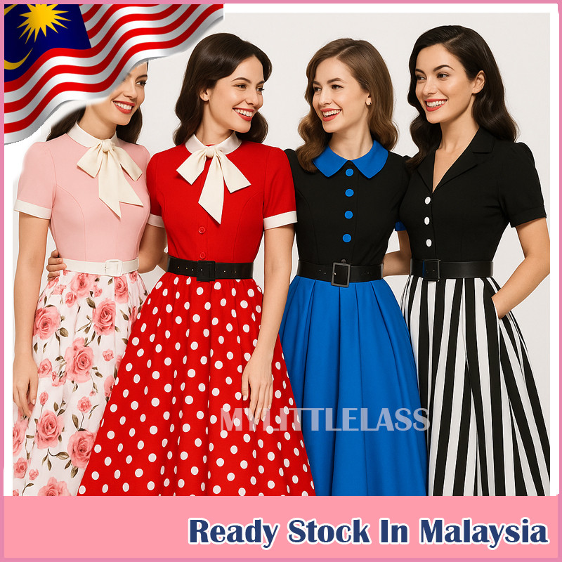 MYLITTLELASS Womens Midi Dress 1920s Retro Style Vintage Print & Belt