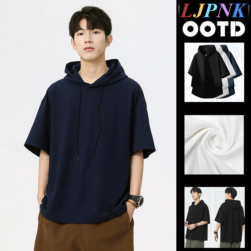 แอลเจพีเอ็น เสื้อยืดมีฮู้ดกีฬากลางแจ้ง – แขนสั้นผ้าไหมน้ําแข็งทรงหลวมสําหรับผู้ชาย