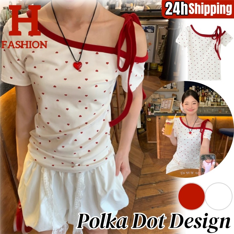 HOT ‘พร้อมส่ง’ FY260 เสื้อแขนสั้นเปิดไหล่ ขาวแดง ลายจุดหัวใจคาวาอี้มาก – โปรปัง
